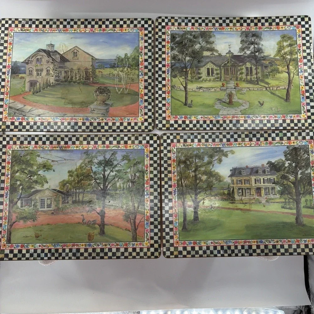 RARE MacKenzie  Childs Check Aurora Cork board Placemats Set  4 FARM 1980's-90's